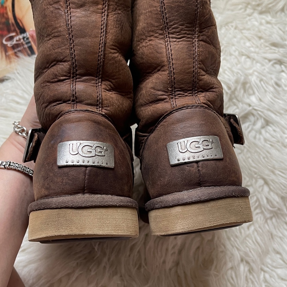 UGG Dark Brown Leather Moto Kensington Biker Engineer Sheepskin Boots - Picture 9 of 13